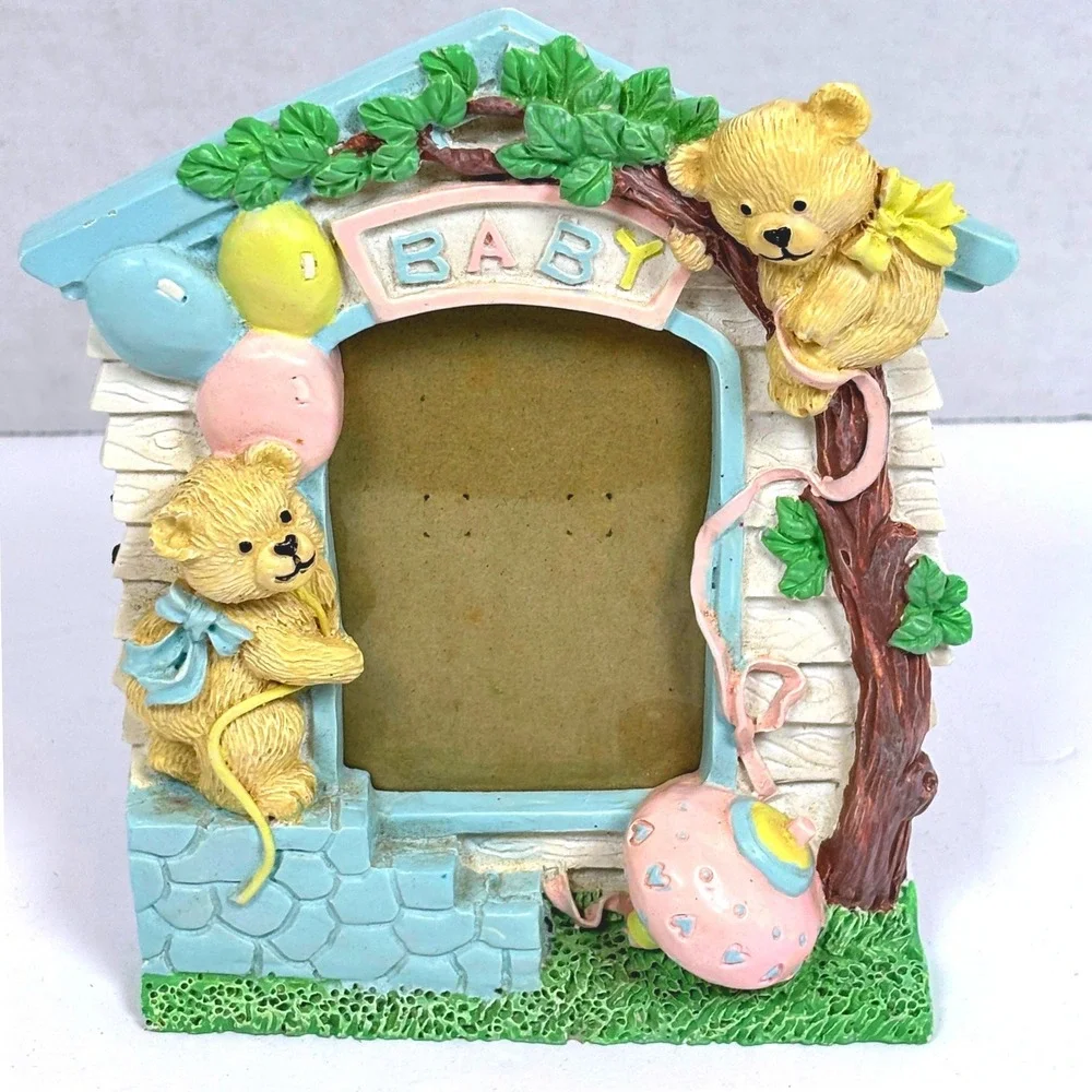 Vtg 90s Baby TeddyBear Photo Frame 3D Resin Nursery Decor Whimsical Keepsake